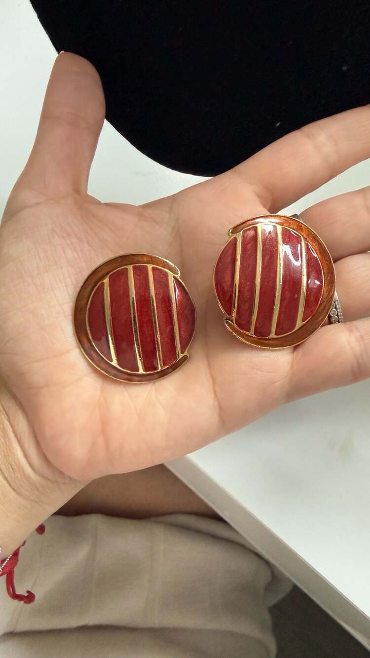 Vintage Red Enamel and Gold Tone Striped Clip-On Earrings